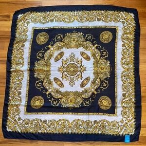 Vintage 90s Gold + Navy Large Square 100% Silk Scarf Janie Besner Quiet Luxury